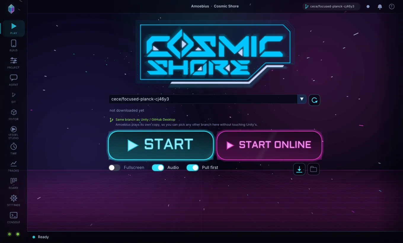 The Amoebius launcher's Play page, with START and START ONLINE