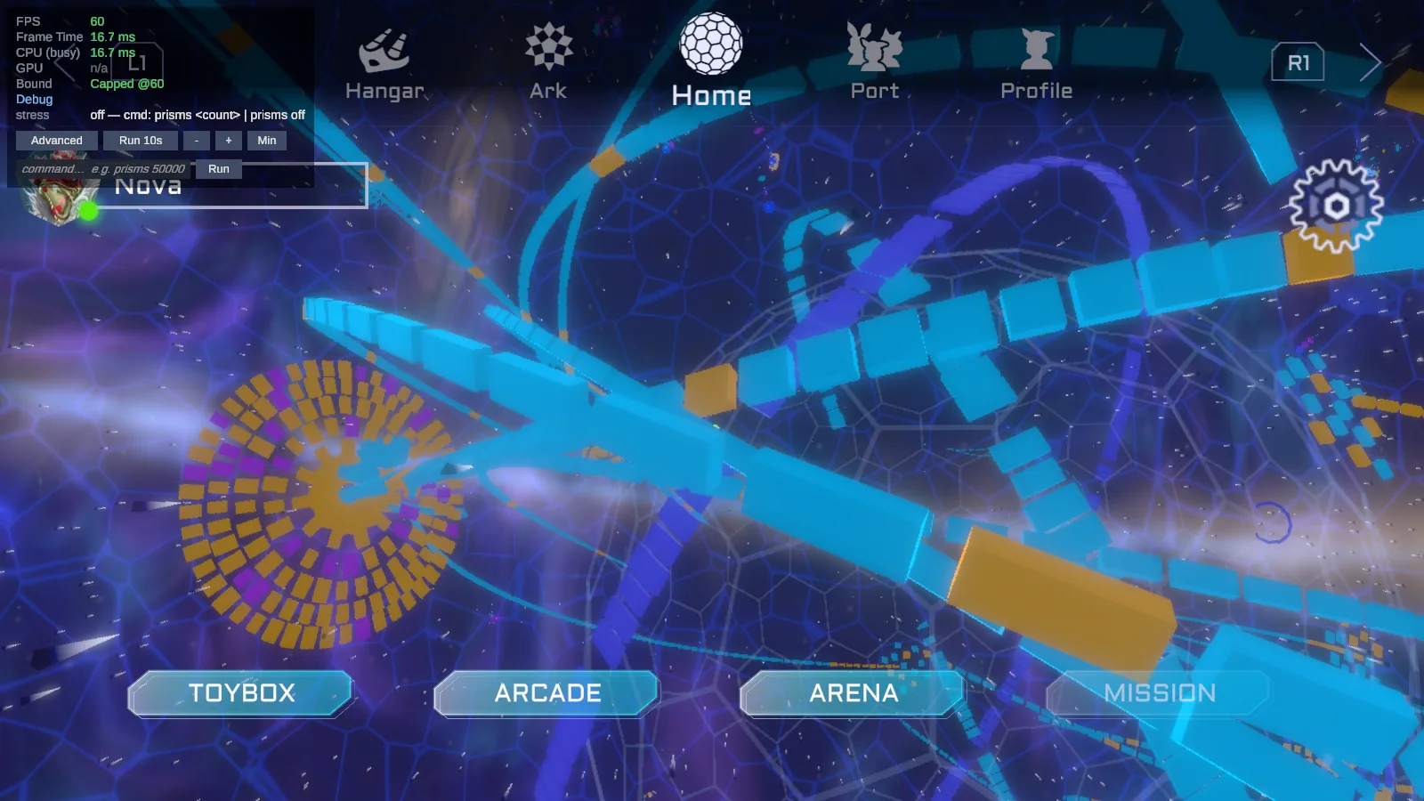 Cosmic Shore's main menu running in Amoebius